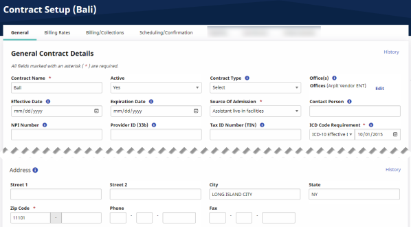 The Contract Setup page displays the General tab's fields for basic Contract information such as identifiers and the Payer address.